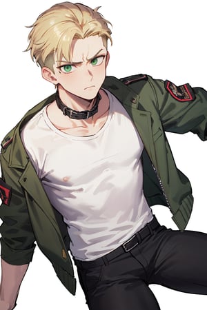 masterpiece, best quality, highres, black pants , straight-on, mature_male, 1boy, white_background, solo, short hair, blonde_hair , green_eyes ,military jacket,open collar , serious,porco_galliard, undercut, t-shirt, eye_narrow,