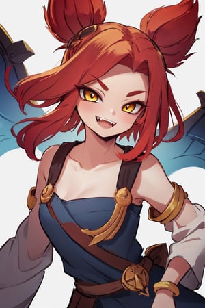 masterpiece, solo, best quality, straight-on, long hair, mature_female, 1girl, medium_breasts, red-hair, yellow_eyes, white_background,, ,ancient greek clothes, gold arm_band,1girl, grinning, fangs, short_eyebrows, Zeri from league of legends, twintails