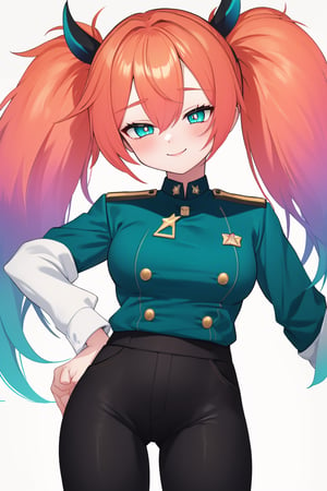 masterpiece, solo, best quality, straight-on, long hair, older_female, 1girl, orange-hair, rainbow hair, gradient_hair, twin_tails, teal_eyes, white_background, smiling, medium_breasts, military uniform,momoka,star-shaped pupils, black pants, cowboy_shot 