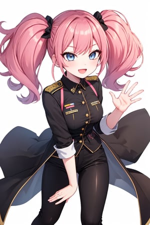 masterpiece, best quality, highres, black pants, straight-on, mature_female, 1girl, long_hair, medium_breasts, pink-hair, light blue_eyes, white_background, solo,:d, military_uniform,mega twintails, waving, military_jacket