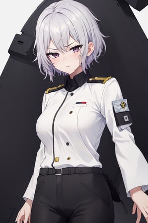 masterpiece, solo, best quality, straight-on, looking at viewer, short hair, older_female, 1girl, silver-hair, black_eyes, white_background, serious, medium_breasts, military uniform, black pants, cowboy_shot , ,Eft_phantom_red,sleepy, arms to side