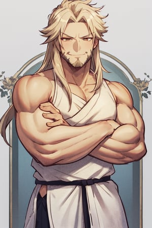 masterpiece, solo, best quality, straight-on, long hair, mature_male, 1boy, viking beard, platinum-blonde-hair, orange_eyes, white_background,, smirk, arm_band, chiton, white robe, crossed arms, muscular,,alan_stuart,ancient greek clothes
