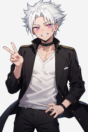 masterpiece, best quality, highres, black pants , straight-on, mature_male, 1boy, white_background, solo, short hair, white_hair , pink_eyes ,military jacket,open collar , brown_skin, spiked_hair, grin,,horibe_itona,hitsugaya_toushirou