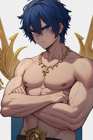 masterpiece, solo, best quality, straight-on, short hair, mature male, 1boy,  dark blue-hair, muscular, white_background, dark skin ,ancient greek clothes, gold arm_band, serious, light_blue_eyes, crossed arms, stubble , face markings , shirtless, gold necklaces