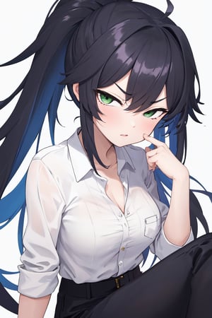 masterpiece, best quality, highres, straight-on, mature_female, 1girl,  medium breasts , white_background, solo,  long hair, black_hair, messy hair, green eyes, looking at viewer,

collared shirt, black pants , serious,  ponytail, , 