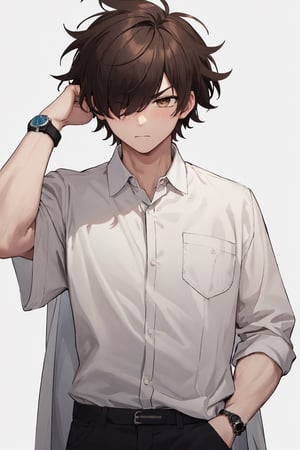 white_background, masterpiece, tall, solo, best quality, straight-on, short hair, mature male, 1boy, brown-hair, brown eyes, messy hair, white shirt, one hand in pocket, scratching head, hair over one eye, serious , older male

leonardo_watch