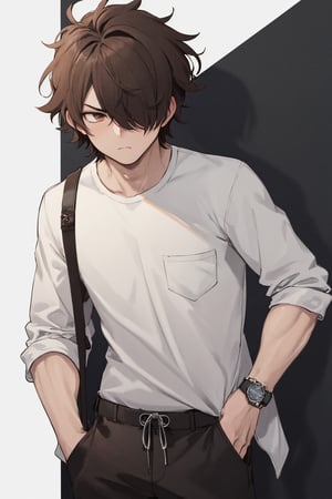 white_background, masterpiece, tall, solo, best quality, straight-on, short hair, mature male, 1boy, brown-hair, brown eyes, messy hair, white shirt, one hand in pocket, scratching head, hair over one eye, serious , older male

leonardo_watch
