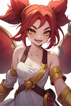 masterpiece, solo, best quality, straight-on, long hair, mature_female, 1girl, medium_breasts, red-hair, yellow_eyes, white_background,, ,ancient greek clothes, gold arm_band,1girl, grinning, fangs, short_eyebrows, Zeri from league of legends, twintails