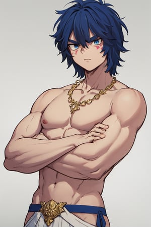 masterpiece, solo, best quality, straight-on, short hair, mature male, 1boy,  dark blue-hair, muscular, white_background, dark skin ,ancient greek clothes, gold arm_band, serious, light_blue_eyes, crossed arms, stubble , face markings , shirtless, gold necklaces