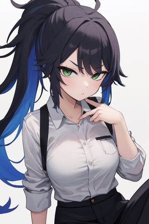 masterpiece, best quality, highres, straight-on, mature_female, 1girl,  medium breasts , white_background, solo,  long hair, black_hair, messy hair, green eyes, looking at viewer,

collared shirt, black pants , serious,  ponytail, , 