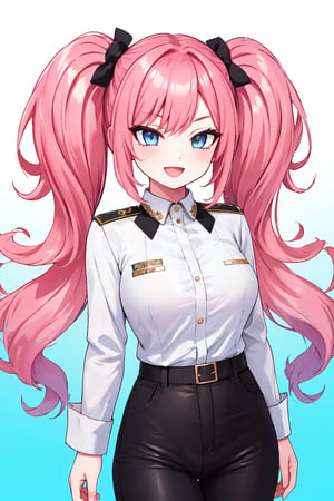 masterpiece, best quality, highres, black pants, straight-on, mature_female, 1girl, long_hair, medium_breasts, pink-hair, light blue_eyes, white_background, solo,:d, military_uniform,mega twintails, 