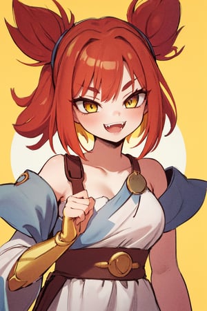 masterpiece, solo, best quality, straight-on, long hair, mature_female, 1girl, medium_breasts, red-hair, yellow_eyes, white_background,, ,ancient greek clothes, gold arm_band,1girl, grinning, fangs, short_eyebrows, Zeri , twintails