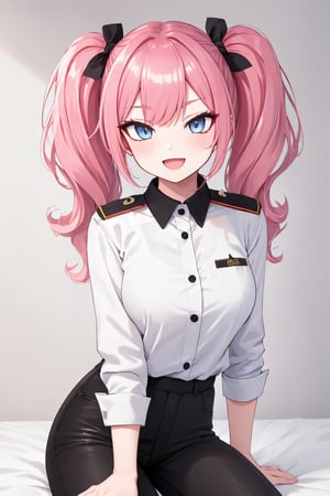 masterpiece, best quality, highres, black pants, straight-on, mature_female, 1girl, long_hair, medium_breasts, pink-hair, light blue_eyes, white_background, solo,:d, military_uniform,mega twintails, 