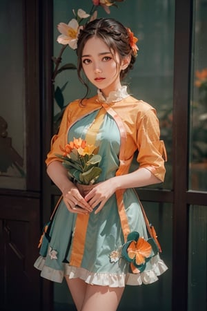 woman, flower dress, colorful, darl background,flower armor,green theme,exposure blend, medium shot, bokeh, (hdr:1.4), high contrast, (cinematic, teal and orange:0.85), (muted colors, dim colors, soothing tones:1.3), low saturation,j3s1,Wearing edgTemptation