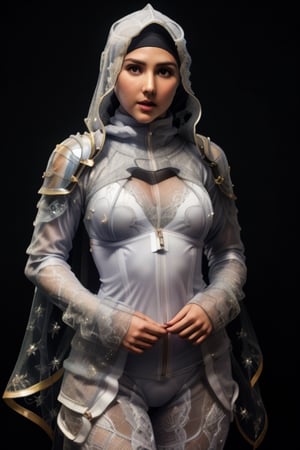 Hijab,ninja lace,superheroes, fly in the sky behind,neck open, 36DD breast,white background, athletic abs,transparent white bodystocking,emily clark face, sexy lips, j3s1,zero suit, full_body,medieval armor,perfecteyes