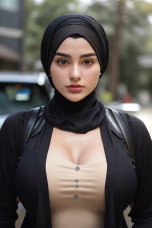 1_man,best quality, ultra high res, (photorealistic:1.4),  1girl,  ,(high detailed skin, detailed eyes:1.1), 8k uhd, dslr, soft lighting, intricate details, best quality, film grain, Fujifilm XT3, analog style, Muslim girl,bareshoulders ,big lips,hijabsteampunk, full_body,m4d4m, in front of car, sexfriend, bsdm,neck open, huge breast grope by a man behind