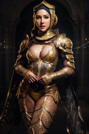Hijab,ninja lace,superheroes, fly in the sky behind,neck open, 36DD breast,white background, athletic abs,transparent yellow bodystocking,emily clark face, sexy lips, j3s1, full_body,medieval armor,perfecteyes