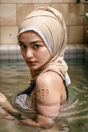 photorealistic, masterpiece, best quality, raw photo, 1girl, detailed eyes and face, ,m4d4m, bath,hijabsteampunk,doggystyle