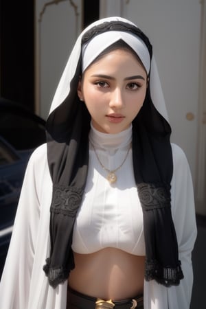 1_man,best quality, ultra high res, (photorealistic:1.4),  1girl,  ,(high detailed skin, detailed eyes:1.1), 8k uhd, dslr, soft lighting, intricate details, best quality, film grain, Fujifilm XT3, analog style, Muslim girl,bareshoulders ,big lips,hijabsteampunk, full_body,m4d4m, in front of car, sexfriend, bsdm,collarbones white, full_body,j3s1