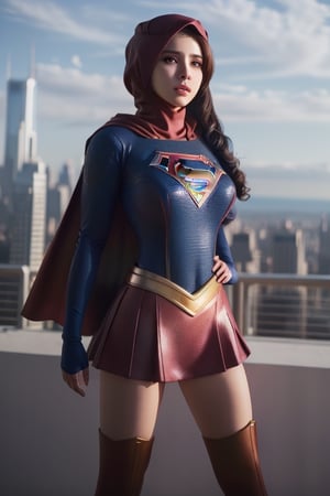 Supergirl outfit, superhero, best quality, ultra high res, (photorealistic:1.4),  1girl,  ,(high detailed skin, detailed eyes:1.1), 8k uhd, dslr, soft lighting, intricate details, best quality, film grain, Fujifilm XT3, analog style, Muslim girl,big lips,hijabsteampunk, full_body,outdoor, shoulder open, abs expose, people surrounding, leg open,v4ni4