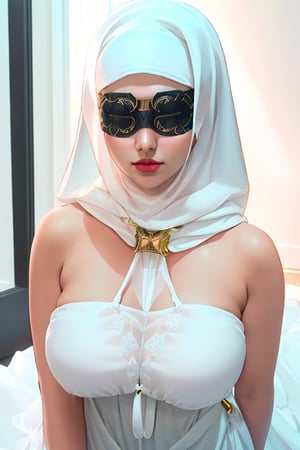 best quality, ultra high res, (photorealistic:1.4),  hotel love background,1girl,  ,(high detailed skin, detailed eyes:1.1), 8k uhd, dslr, soft lighting, intricate details, best quality, film grain, Fujifilm XT3, analog style, Muslim girl,bareshoulders ,big lips,hijabsteampunk, full_body,m4d4m, bsdm,neck open, 36DD breast,white background, satin transparent dress,blindfold