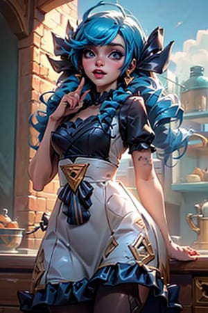 Gwen(League of Legends),cute,complete_body,sky_blue_hair,dress,into_a_wooden_house,looking_at_viewer,finger_pointing,:),4k,full_hd,best_quality,