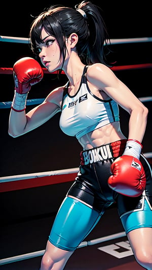  1 girl , boxer , dynamic pose, Female boxer, (Boxing Girl), cute girl, long legs, mature women, proper pretty red eyes, side profile angry face looking at camera , Ponytail gray hair , gray hair, blood stains , green cloth, ultra high res, futuristic, {(solo)}, upper body ,{(complex, dark tones overall, bright boxing gym corner background, (Boxing Match))} , muscles, bandage in hands, Sports Shorts, Perfect Details, Perfect Fingers, Perfect Limbs,Abs, Muscles, Waist Line, Boxing Shorts , 