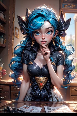 Gwen(League of Legends),cute,complete_body,sky_blue_hair,dress,into_a_wooden_house,looking_at_viewer,finger_pointing,:),4k,full_hd,best_quality,Perfect Details, Perfect Fingers