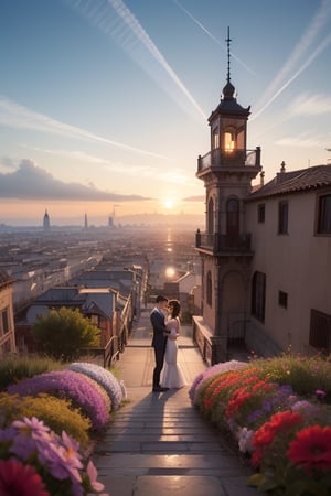 una pareja del mismo sexo, enamorados, besos y abrazos, detalles nítidos, encaje y cuero, enfoque nítido, fantasía renacentista, elegante, flores, muy detallado, vistas a la ciudad mágica, fuente encantada, chispas eléctricas, plano medio, pintura orgánica. amanecer, neblina dorada, formas atrevidas, bordes duros