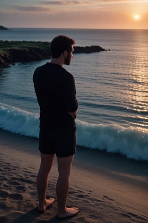 A man watching the sunset on a hill that overlooks an empty and beautiful beach, the water with turquoise tones, the man is thinking, looking at the horizon waiting for someone,Fullbody photorealistic, best quality, best quality, high detailed, Masterpiece, intricate details, high resolution, manly, extremely detailed, Very handsome,<lora:659111690174031528:1.0>