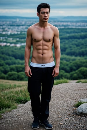 man on top of a mountain looking towards a huge city, Fullbody photorealistic, best quality, one Handsome young Men, Sexy, real life, best shadow, clear ,high resolution,8K masterpiece, photograph, 1man, handsome, extremely confident posture, intense gaze, realistic skin, photographic, best quality, high detailed,Masterpiece, intricate details, high resolution, manly, extremely detailed,<lora:659111690174031528:1.0>