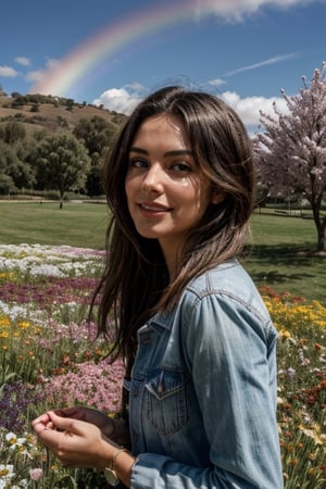 mujer  en un campo de flores de distintos colores, dia soleado y con un arcoiris inmenso en el cielo