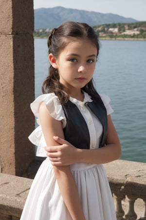 High definition and super realistic photography, A dynamic full body shot of a 6-year-old girl, slim, tanned skin tone, oval face, thick, arched eyebrows, almond-shaped brown eyes, short nose, big mouth with thin lips, small ears, black, wavy hair, combed into two pigtails in which she wears a half-moon ornament, dressed in a white fantasy long dress with ruffles on the shoulders and a black leather vest that serves as protection, in the background she is on a balcony looking at a large lake with mountains in the distance. realistic skin. best quality, intricate detail, high resolution, full shot photography, wavy hair