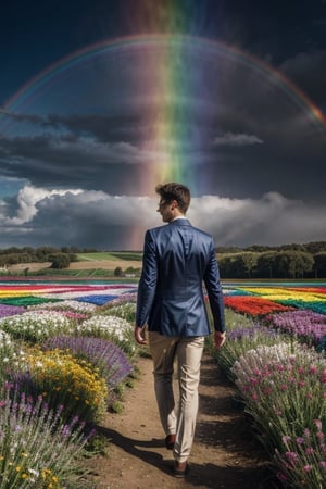 man walking straight ahead, in an immense field of flowers of many colors, the day is sunny with a large and colorful rainbow from which several halos of light of many colors emerge, Fullbody photorealistic, best quality, Handsome young Men, realistic skin, photographic, best quality, high detailed,Masterpiece, intricate details, high resolution