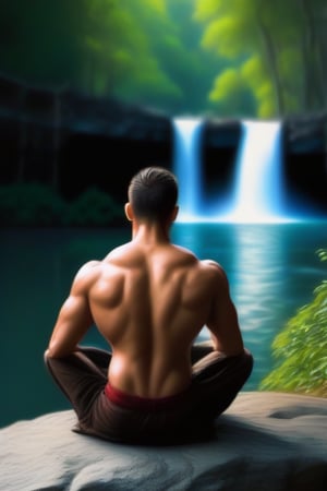 hombre meditando sin camisa, sobre una roca, detalles nítidos, de fondo una cascada  y un lago, enfoque nítido, elegante, muy detallado, formas atrevidas, bordes duros