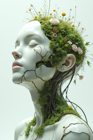 A hyper-realistic 3D rendering of a humanoid figure with its head partially cracked open, revealing intricate plant life growing within. The figure's face is smooth and pale, resembling porcelain, with parts of the skull fragmented, showing moss, flowers, and vines. The flora consists of a mixture of wild grasses, delicate flowers, and small leaves, blending seamlessly with the mechanical and human elements. The background is minimalist with soft lighting, highlighting the organic textures and contrasts between the artificial skin and natural plants 