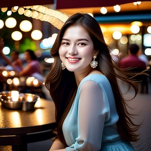 beautiful plump women sitting in front of a restaurant, smile, looking at camera, realistic, dslr, long_hair, wind blowing her brown hair, straight nose, close up view, closed_mouth, pearl earrings, pearl necklace, hazel-eyes, street lightings, night time, busy street background,