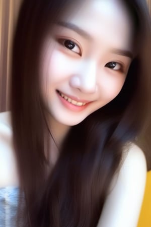 asian woman face only, long wavy hair, smile, plump, thin to medium lips,  