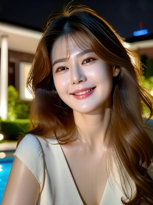 portrait of a 43 years old beautiful plump woman sitting in front of a big mansion with swimming pool,smiling,looking at camera, best quality, (((masterpiece))), realistic, dslr, long_hair, hair_highlight, wind blowing her brown hair, straight nose, small nose,hazel-eyes, garden lightings, night time,korean girl,ellafreya,