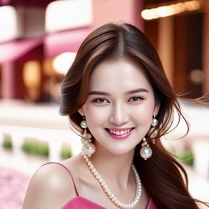 beautiful plump women, smile, looking at camera, realistic, dslr, pink dress, long_hair, wind blowing hair, brown hair, straight nose, close up view, closed_mouth, pearl earrings, pearl necklace, hazel-eyes,
