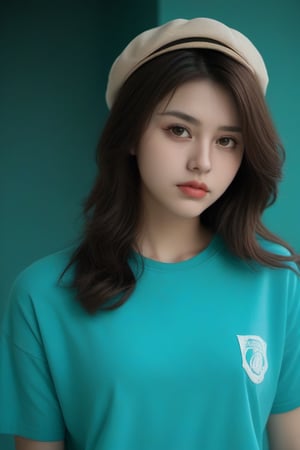 face only, long wavy hair, plump, friendly face, brunette, no make-up, turquoise shirt, serious