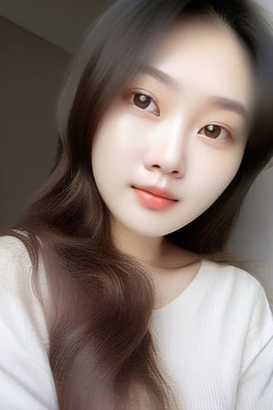 asian woman, face only, long wavy hair, plump, thin to medium lips, no make-up, friendly face