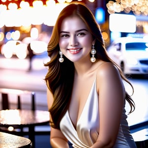 beautiful plump women sitting in front of a restaurant, smile, looking at camera, realistic, dslr, ((naked)), long_hair, wind blowing hair, brown hair, straight nose, close up view, closed_mouth, pearl earrings, pearl necklace, hazel-eyes, street lightings, night time, busy street background,