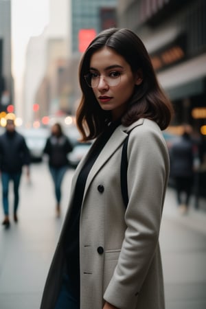 Photo of a beautiful girl walking in New York City, shot on Fujifilm Superia 400, wearing fashionable apparel, natural lighting, close-up shot, 32k, cinematic composition, professional color grading, film grain, atmospheric, wondrous.

High-definition, full-body photograph of a beautiful girl featuring stylish eyeglasses. Utilizing cinematic color grading and moody lighting, the image should depict her as a compelling character in a story yet to unfold.,(((photorealism:1.4)))