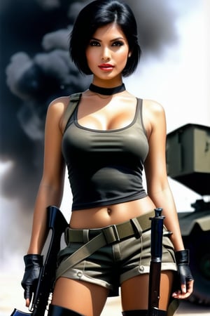 (((full-body picture:1.4))), 1girl, A young woman, 22 years old, small sized breasts, short black hair, wearing a ripped military uniform, a loincloth, she holds a bolt-action rifle with a serious look on her face. She shows confidence and pride in her role as a soldier and warrior.,(((highly detailed))),(((photorealism:1.4))), perfect eyes