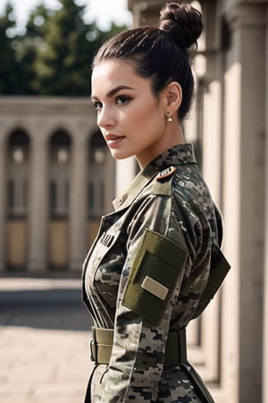 elegantly dresses in her army fatigues. hair in bun

photorealism:1.4