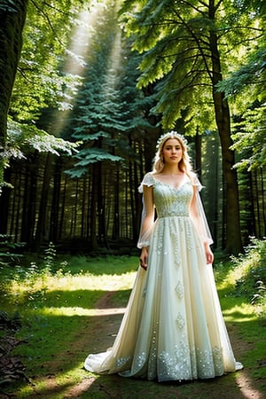 A photorealistic, ultra highly intricate detailed, professional photo of a young blonde woman, 20 years old, standing in an enchanted forest. She is dressed in an elegant, flowing gown with intricate patterns. The forest around her is lush and green, with beams of sunlight filtering through the trees. The scene includes ethereal light effects and tiny glowing particles in the air. The image should be of the best quality, sharp focus, masterpiece, 8k high definition, insanely detailed and intricate.