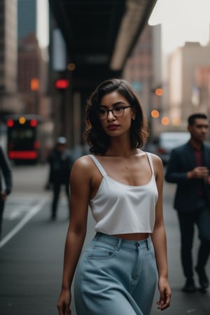 Photo of a beautiful girl walking in New York City, shot on Fujifilm Superia 400, wearing fashionable apparel, natural lighting, close-up shot, 32k, cinematic composition, professional color grading, film grain, atmospheric, wondrous.

High-definition, full-body photograph of a beautiful girl featuring stylish eyeglasses. Utilizing cinematic color grading and moody lighting, the image should depict her as a compelling character in a story yet to unfold.,(((photorealism:1.4)))