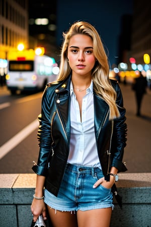 A photorealistic, ultra highly intricate detailed, professional photo of a young blonde woman, 20 years old, in an urban setting. She is wearing a chic, modern outfit with a stylish jacket and high heels. The cityscape behind her is bustling with life, featuring skyscrapers and streetlights. The lighting is dramatic, with shadows highlighting her features. The image should be of the best quality, sharp focus, masterpiece, 8k high definition, insanely detailed and intricate.