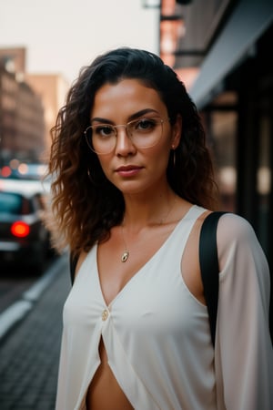 Photo of a beautiful girl walking in New York City, shot on Fujifilm Superia 400, wearing fashionable apparel, natural lighting, close-up shot, 32k, cinematic composition, professional color grading, film grain, atmospheric, wondrous.

High-definition, full-body photograph of a beautiful girl featuring stylish eyeglasses. Utilizing cinematic color grading and moody lighting, the image should depict her as a compelling character in a story yet to unfold.,(((photorealism:1.4))),mature,Dutch,photorealistic,wifey